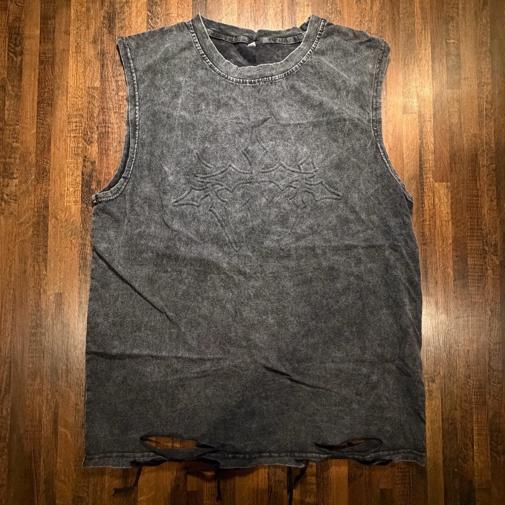 Distressed Gray Sleeveless Shirt with Crosses